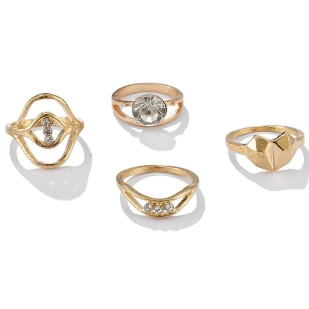 Gold 4pc Geometric Rhinestone Ring Set - Picture 2 of 2